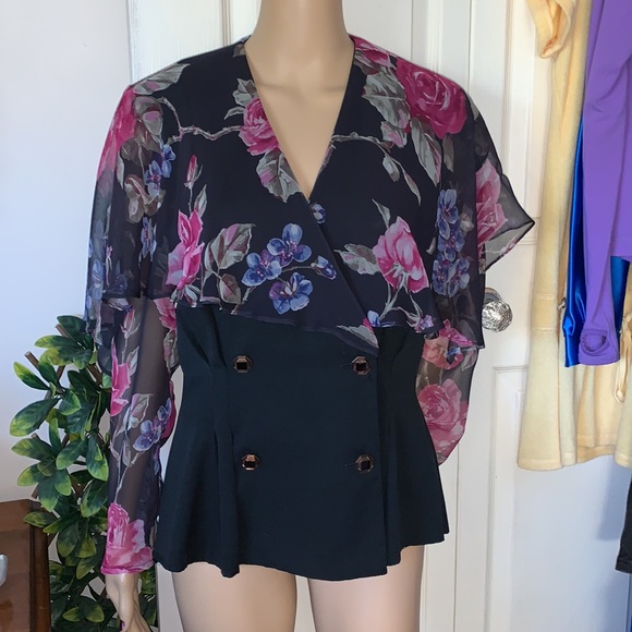 Vintage 80’s pink black sheer chiffon collar bow blazer jacket M - Picture 9 of 12